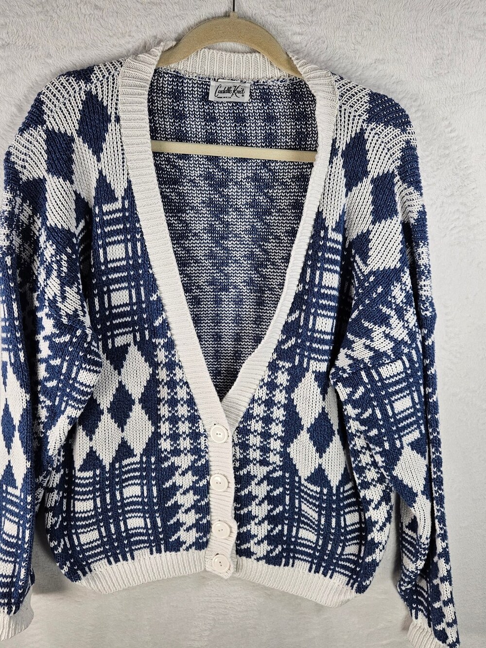 Vintage 80s Cuddle Knit Cardigan Argyle Diamond Blue White Made USA Size Large